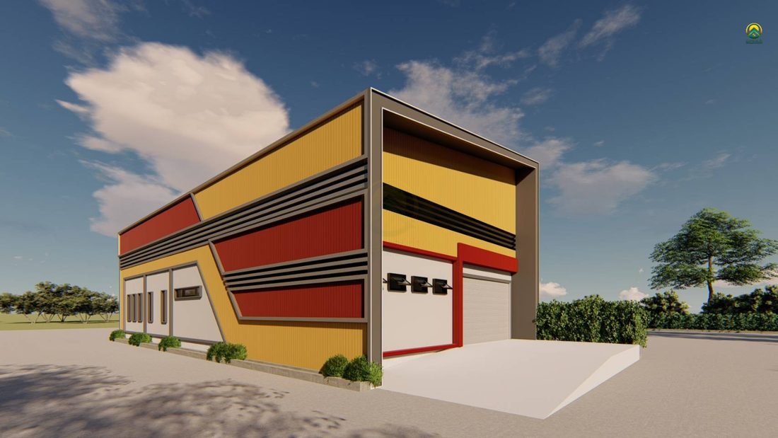 ภาพ 3D Perspective โกดังบ้านฉาง มุมด้านข้างเห็นแนวประตูม้วน