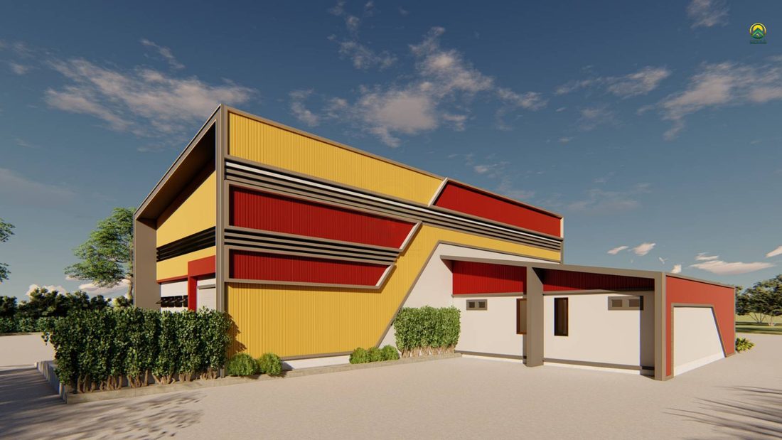 ภาพ 3D Perspective โกดังบ้านฉาง มุมกว้างเห็นอาคารทั้งหลัง