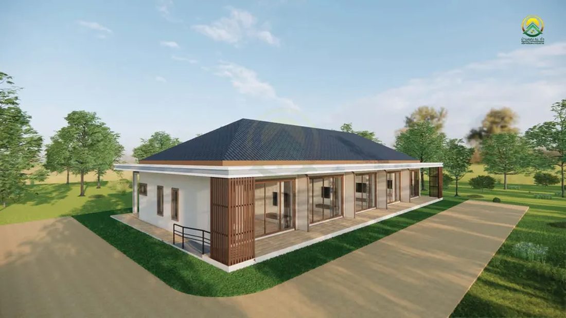 ภาพ 3D Perspective บ้านชั้นเดียวหลังคาปั้นหยา มุมเฉียงด้านหน้า เห็นผนังไม้และสนามหญ้า