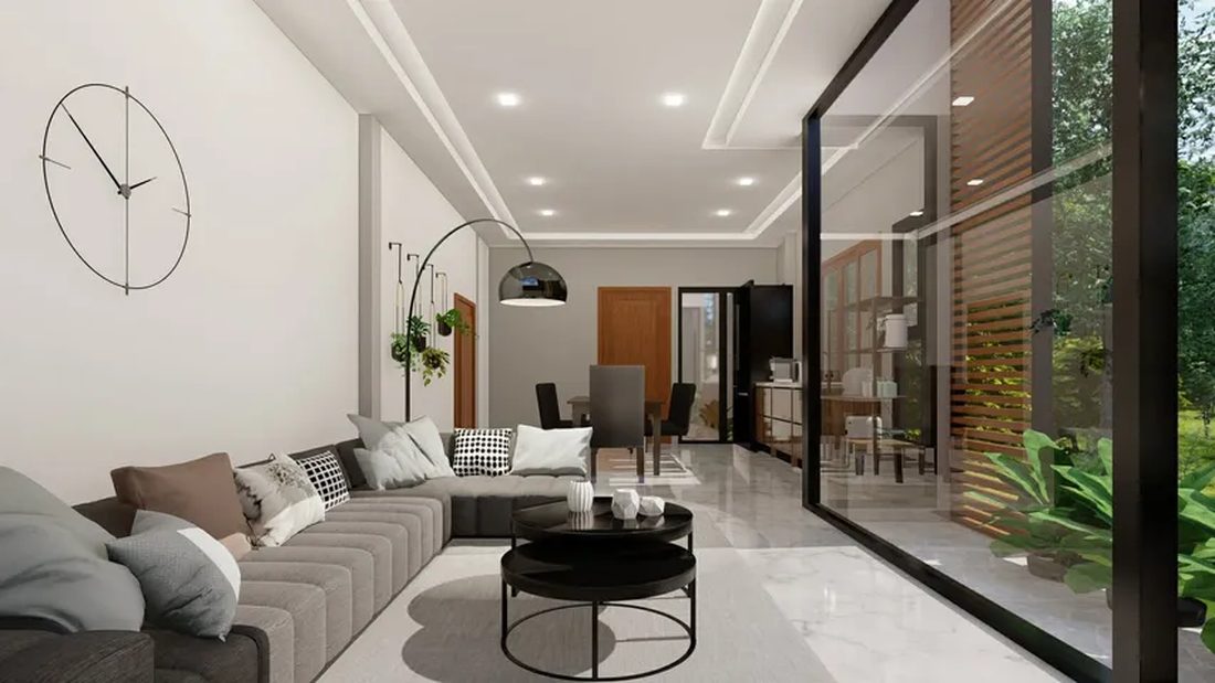 ภาพ 3D Perspective ภายในบ้าน ห้องนั่งเล่นเปิดโล่งสู่สวนผ่านกระจกบานใหญ่