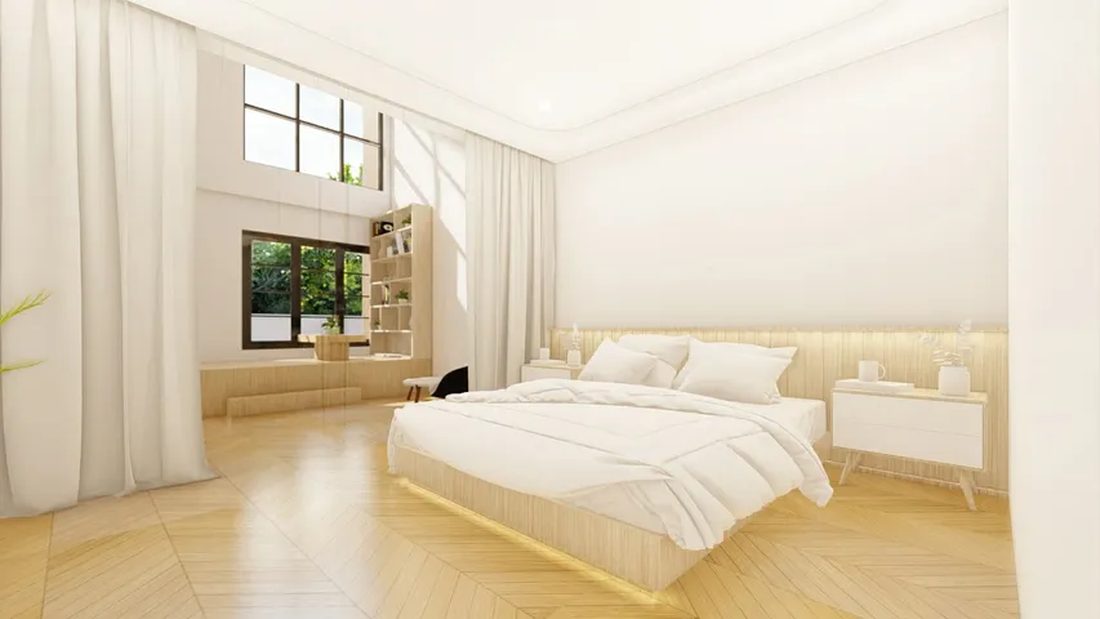 ภาพ 3D Perspective ภายในบ้าน ห้องนอนโทนขาว-ไม้ เพดานลาดเอียงรับแสงธรรมชาติ