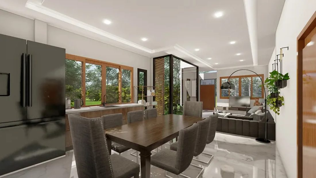 ภาพ 3D Perspective ภายในบ้าน ห้องรับประทานอาหารติดครัว เห็นตู้เย็นบิลท์อินและหน้าต่างบานยาว