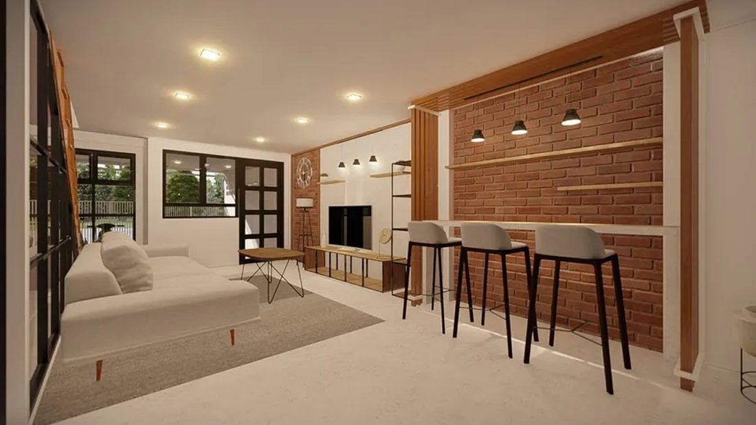 ภาพ 3D Perspective ภายในบ้าน มุมห้องนอนเชื่อมบาร์เคาน์เตอร์และผนังอิฐโชว์แนว