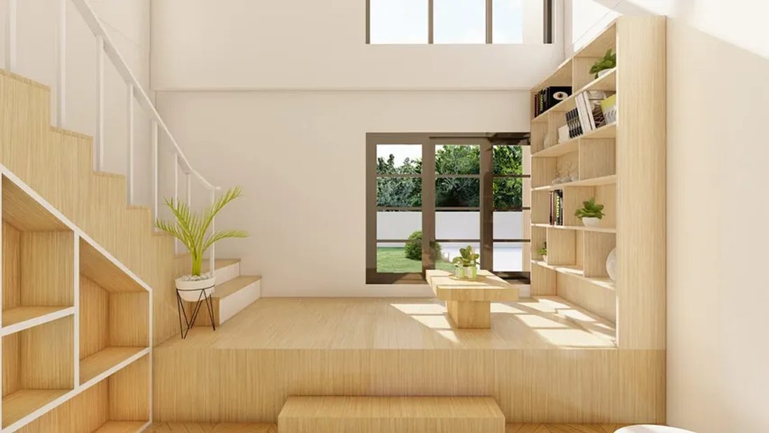 ภาพ 3D Perspective ภายในบ้าน มุมบันไดและชั้นวางของ เห็นหน้าต่างรับแสงด้านหลัง