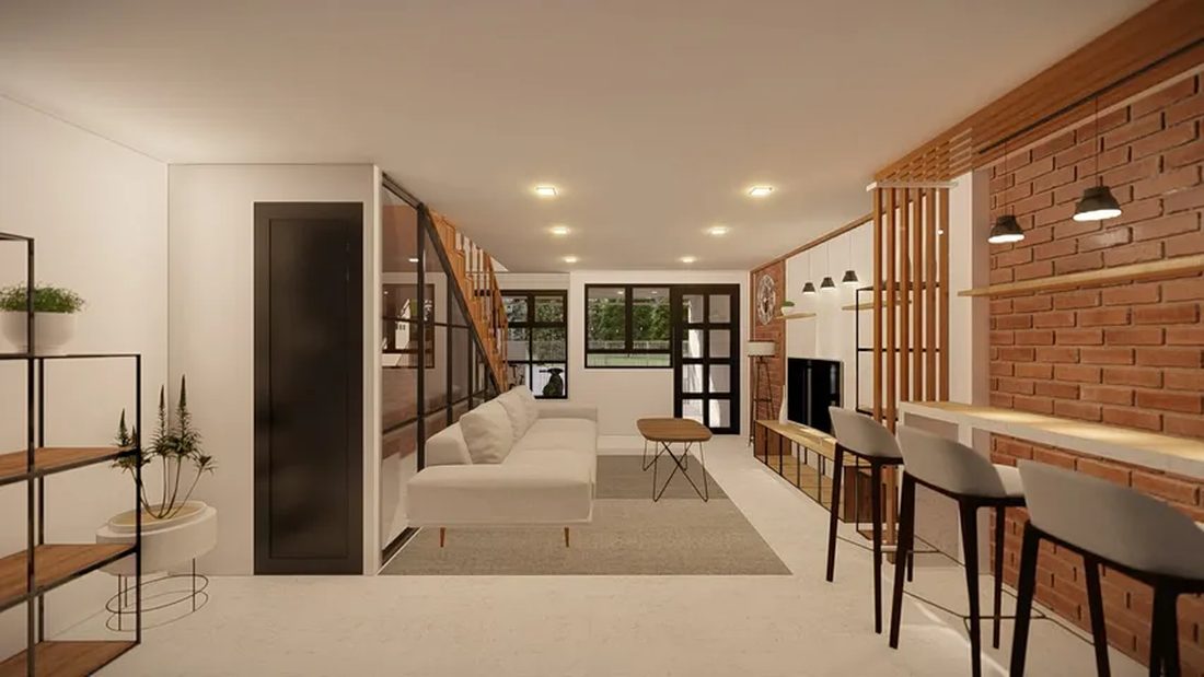 ภาพ 3D Perspective ภายในบ้าน โถงกลางบ้าน เห็นผนังอิฐโชว์แนวและบาร์เคาน์เตอร์