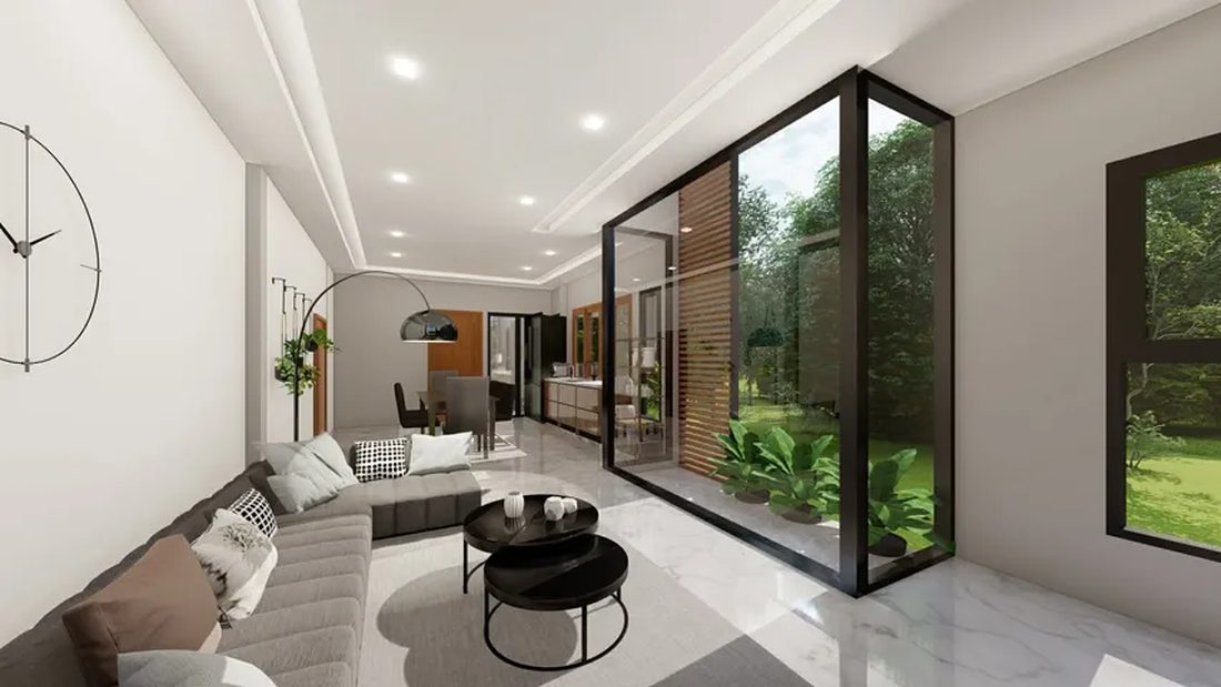 ภาพ 3D Perspective ภายในบ้าน ห้องนั่งเล่นเปิดออกสู่คอร์ตต้นไม้ผ่านกระจกกรอบดำ