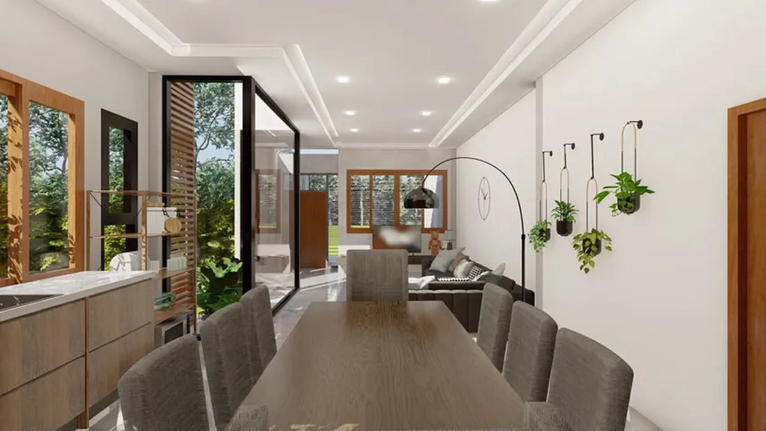 ภาพ 3D Perspective ภายในบ้าน มุมครัวและโต๊ะอาหาร เชื่อมต่อพื้นที่นั่งเล่นด้านใน
