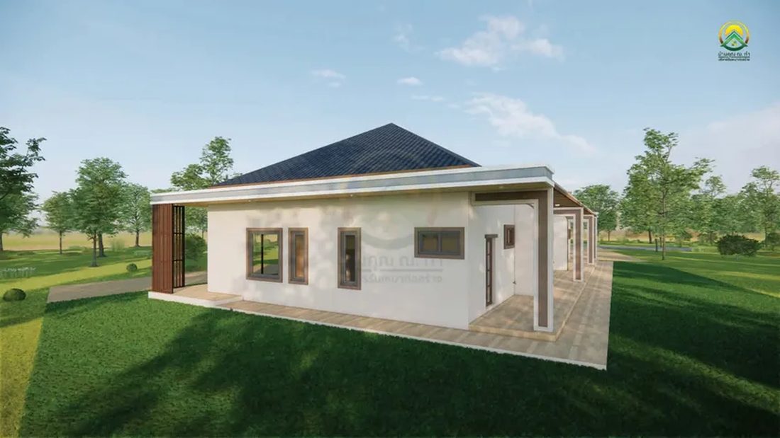 ภาพ 3D Perspective บ้านชั้นเดียว มุมด้านข้าง เห็นลานปูพื้นและช่องหน้าต่างรอบบ้าน