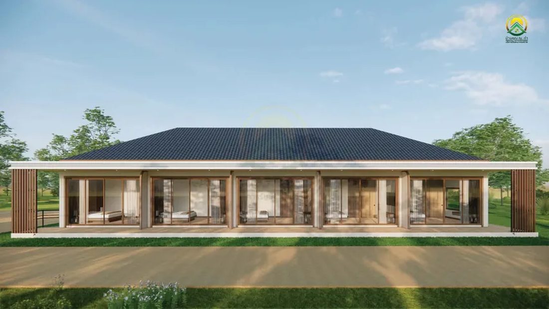 ภาพ 3D Perspective บ้านชั้นเดียว มุมระเบียงหน้าบ้าน เห็นเสาและประตูกระจกบานเลื่อนเต็มแนว
