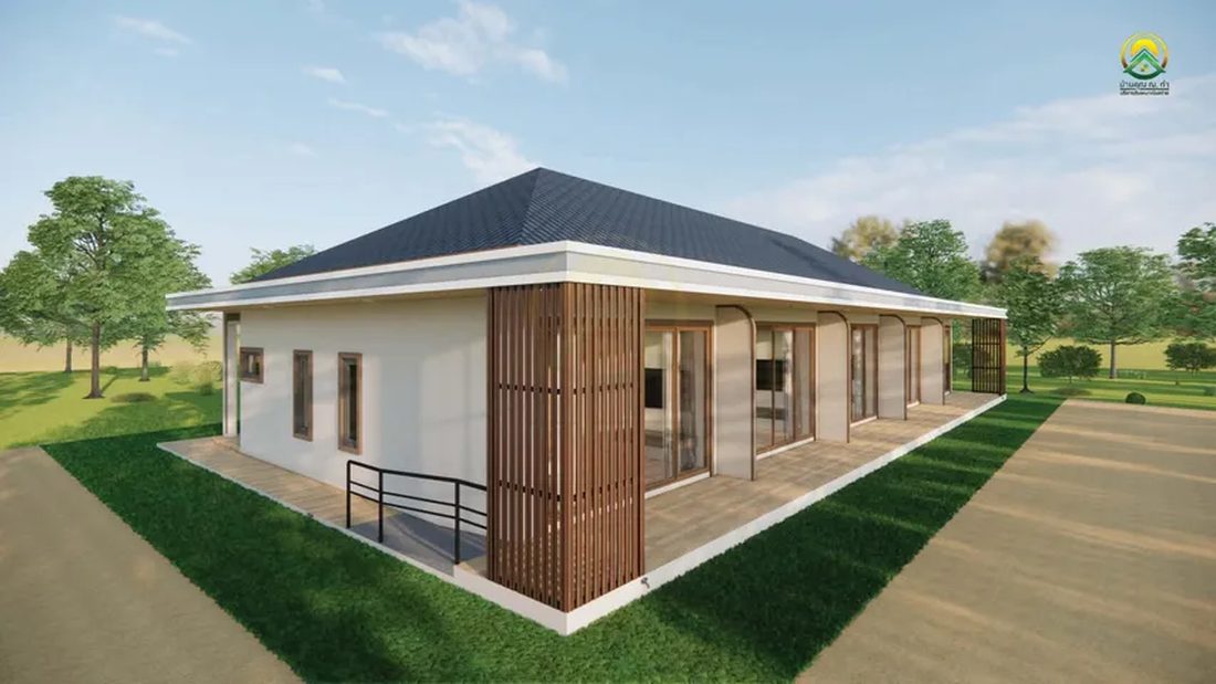 ภาพ 3D Perspective บ้านชั้นเดียว มุมมองจากด้านหลัง เห็นระแนงไม้และราวกันตก