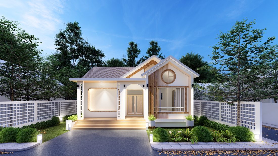 ภาพ 3D Perspective บ้านชั้นเดียวสไตล์คลาสสิกโครงการแกลง มุมด้านหน้า