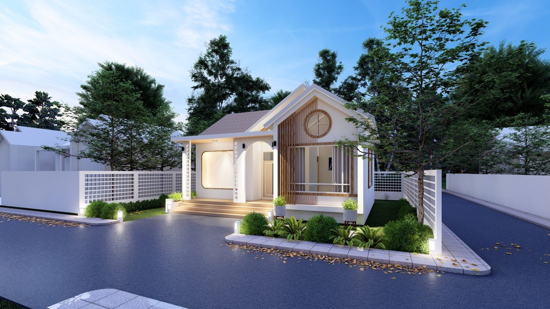 ภาพ 3D Perspective บ้านชั้นเดียวสไตล์คลาสสิกโครงการแกลง มุมมองจากทางเข้า