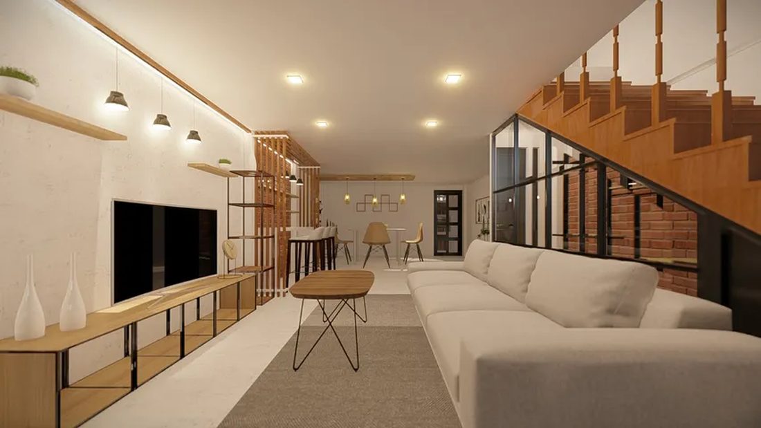 ภาพ 3D Perspective ภายในบ้าน ห้องนั่งเล่นเห็นผนังทีวี บันไดเหล็ก และมุมรับประทานอาหาร