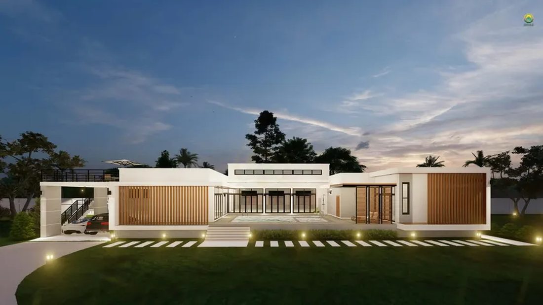ภาพ 3D Perspective บ้านโมเดิร์นชั้นเดียว ด้านหน้าช่วงพลบค่ำ เปิดไฟส่องระแนงไม้และแนวหลังคา