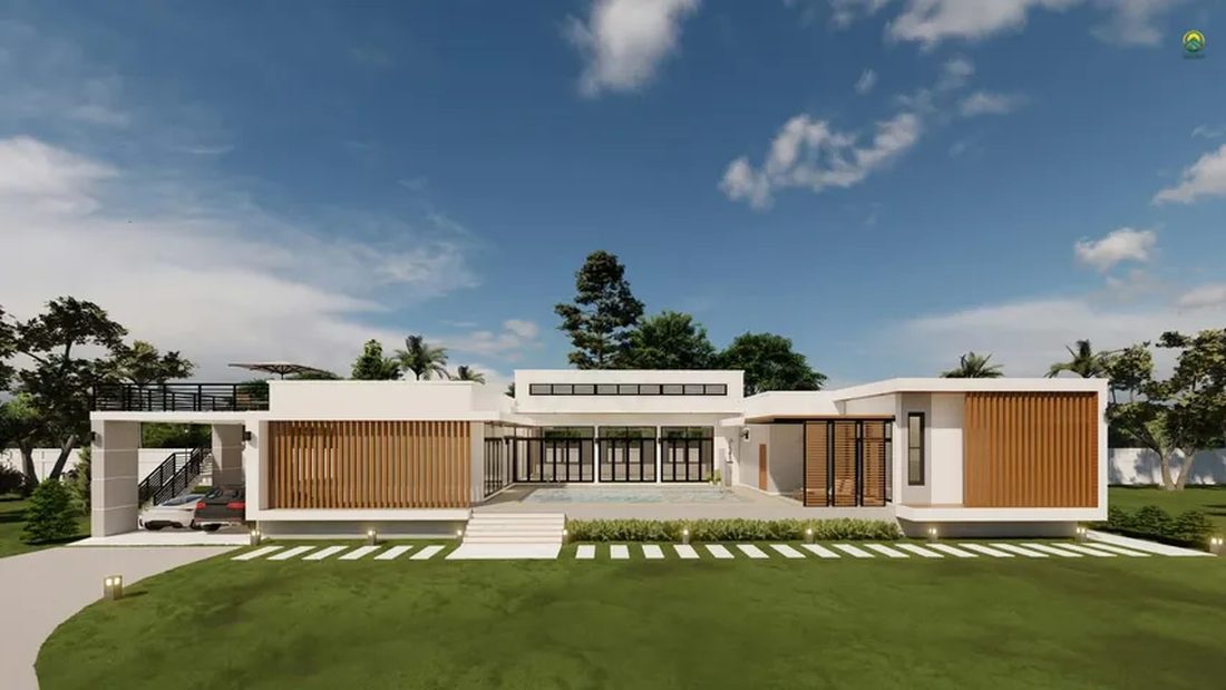 ภาพ 3D Perspective บ้านโมเดิร์นชั้นเดียว มุมเฉียงเห็นโรงจอดรถ สนามหญ้า และตัวบ้าน