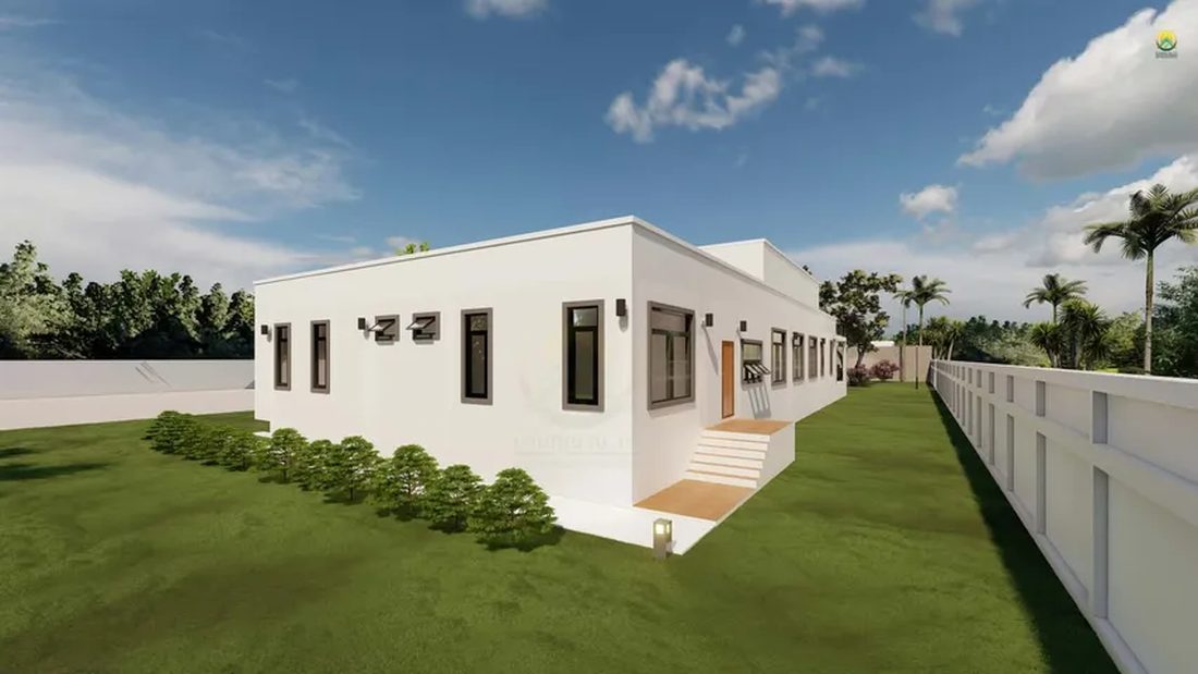 ภาพ 3D Perspective บ้านโมเดิร์นชั้นเดียว มุมด้านข้างอาคาร เห็นแนวหน้าต่างและรั้วรอบที่ดิน