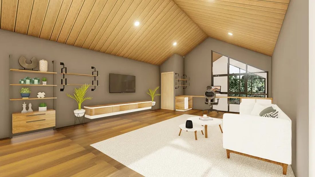 ภาพ 3D Perspective ภายในบ้าน ห้องนั่งเล่นเพดานสูงจั่วไม้ พร้อมชั้นวางของและมุมครัว