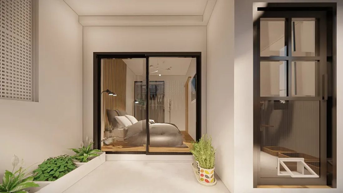 ภาพ 3D Perspective ภายในบ้าน ห้องนอนเชื่อมคอร์ตต้นไม้ผ่านประตูกระจกบานเลื่อน