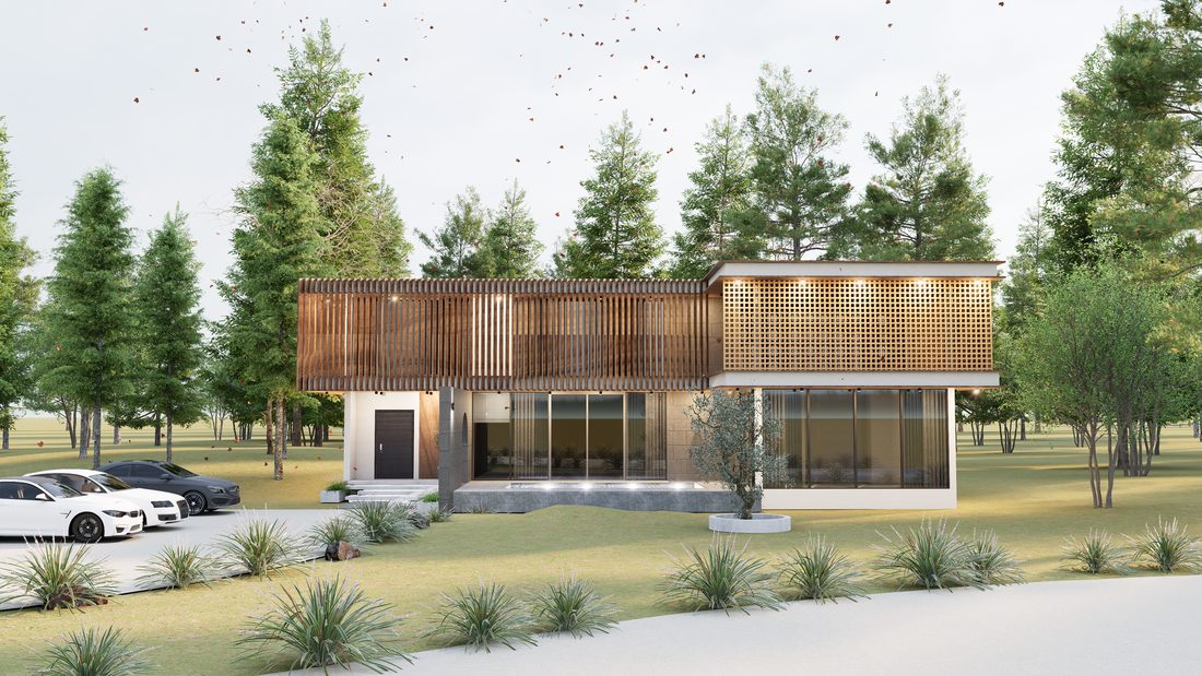 ภาพ 3D บ้านโมเดิร์นสองชั้น ฟาซาดระแนงไม้ มุมด้านหน้าพร้อมที่จอดรถ