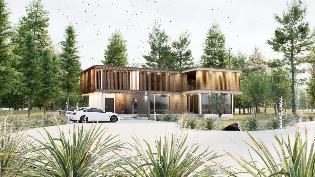 ภาพ 3D บ้านโมเดิร์นสองชั้น มุมมองยามเย็นเห็นไฟภายในผ่านผนังกระจก