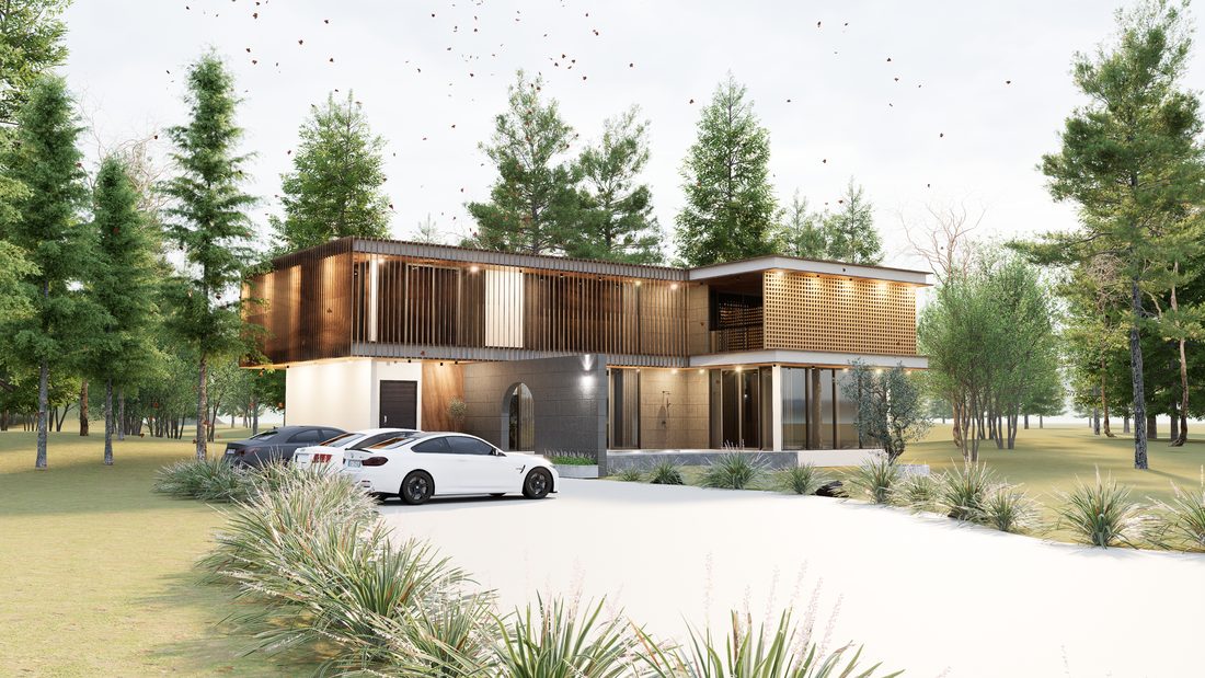ภาพ 3D บ้านโมเดิร์นสองชั้น มุมเฉียงเห็นโถงทางเข้าและชายคายื่น