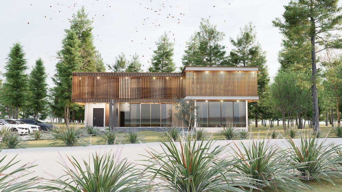ภาพ 3D บ้านโมเดิร์นสองชั้น มุมกว้างเห็นตัวบ้านและแนวต้นไม้โดยรอบ