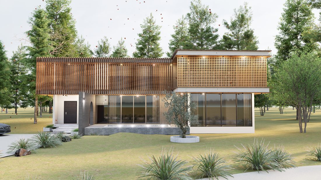 ภาพ 3D บ้านโมเดิร์นสองชั้น มุมใกล้เห็นรายละเอียดระแนงไม้และผนังกระจก