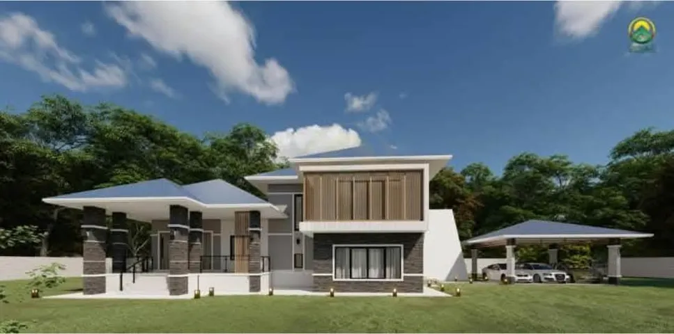 ภาพ 3D Perspective บ้าน 2 ชั้นหลังใหญ่ มุมด้านหน้า เห็นโรงจอดรถและศาลาริมสนาม