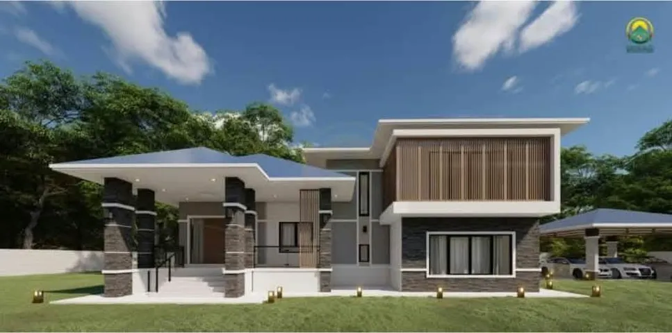 ภาพ 3D Perspective บ้าน 2 ชั้นหลังใหญ่ มุมกว้างเห็นแนวอาคารและสนามหญ้าหน้าบ้าน