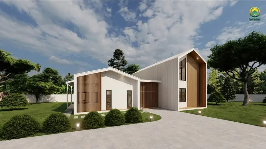 ภาพ 3D Perspective บ้านหลังใหญ่หลังคาจั่วสูง มุมด้านหน้าช่วงกลางวัน