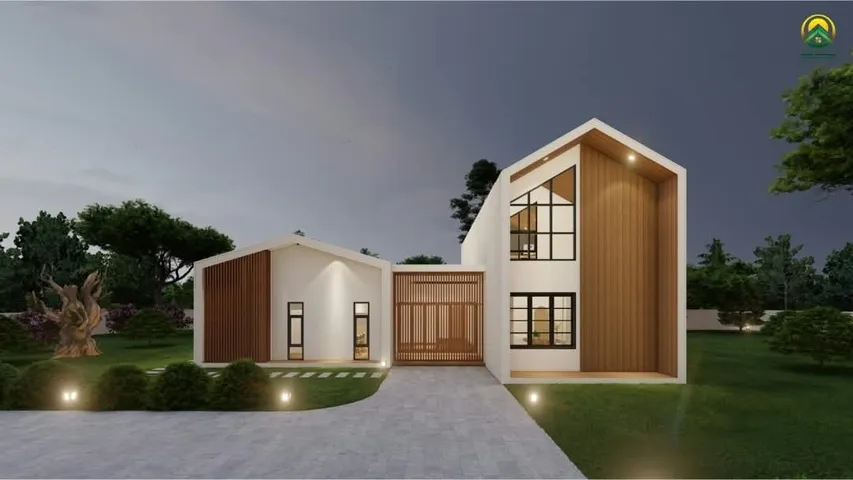ภาพ 3D Perspective บ้านหลังใหญ่หลังคาจั่วสูง มุมทางเข้าช่วงกลางคืน